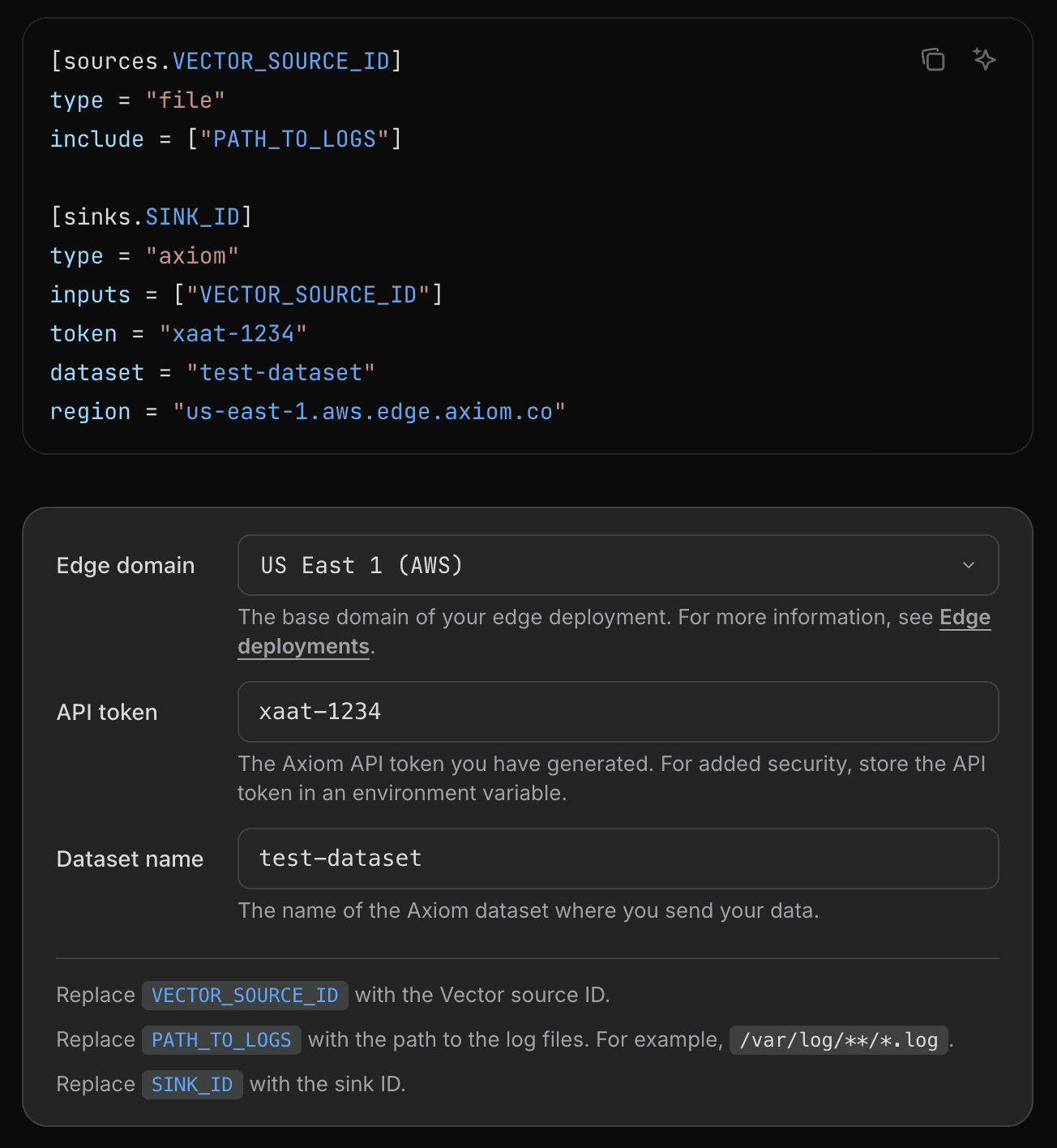 The placeholder configurator rendered below a code block, showing input fields for API_TOKEN and DATASET_NAME with values substituted and highlighted in blue