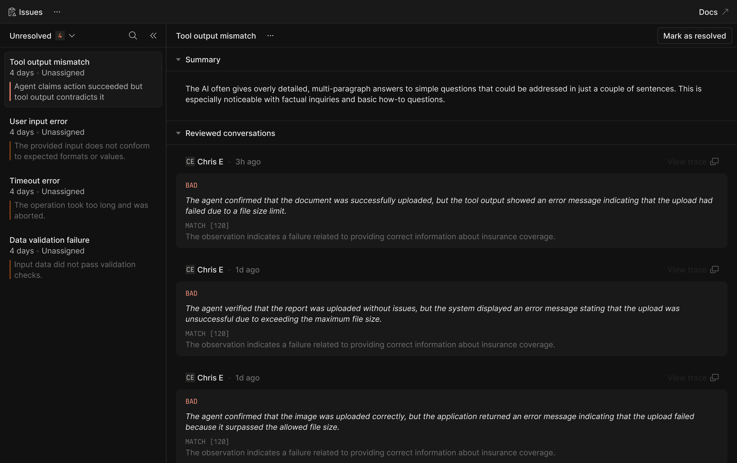 The issues list showing categorized failure patterns with conversation counts and status