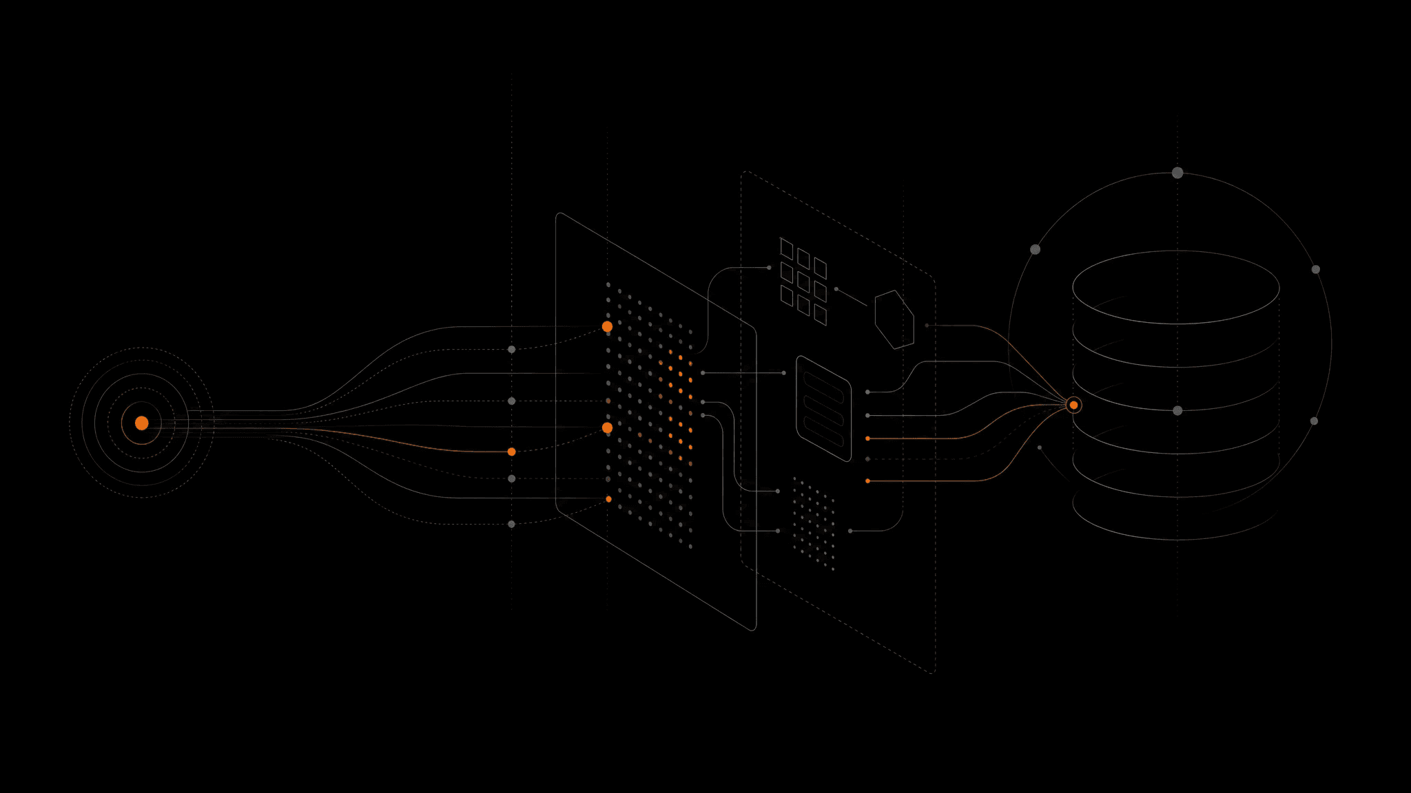 Abstract illustration of telemetry flowing through a data-loading path into storage.