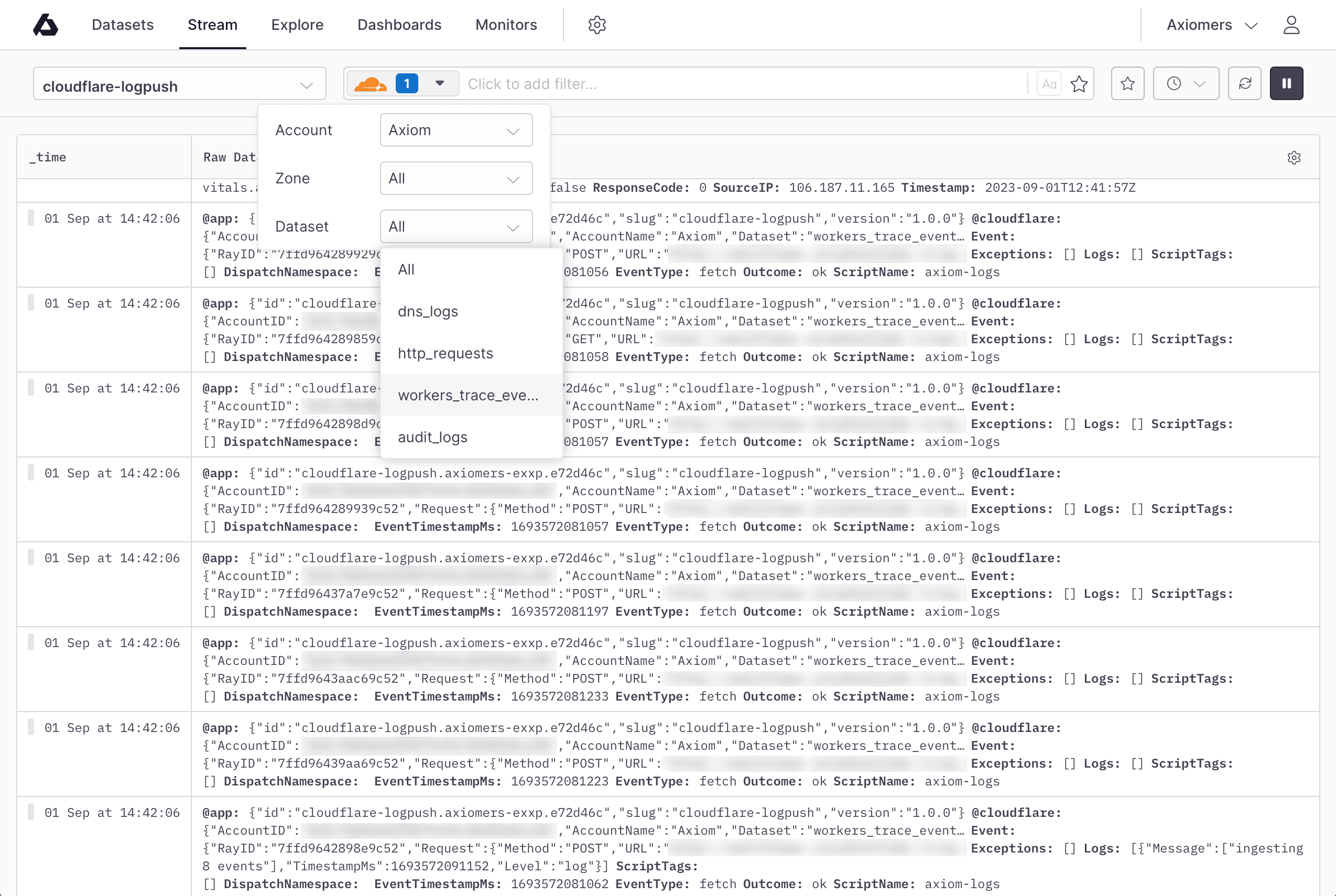 A screenshot showing the Axiom log Stream tab with the smart filters expanded showing select options for Account, Zone and Dataset