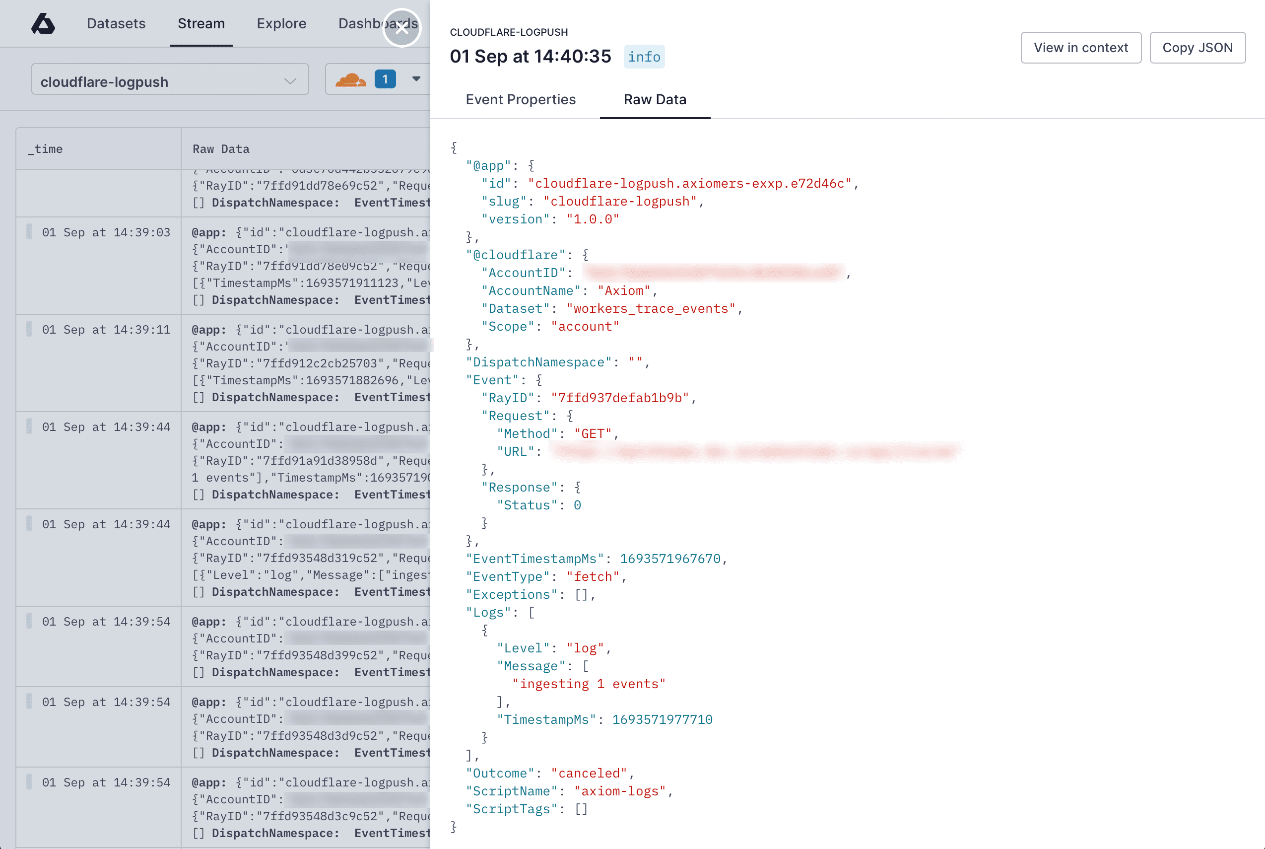 A screenshot showing the Axiom log Stream tab with a workers_trace_events log open