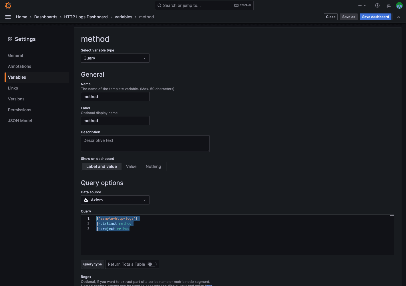 Grafana Variables Screenshot