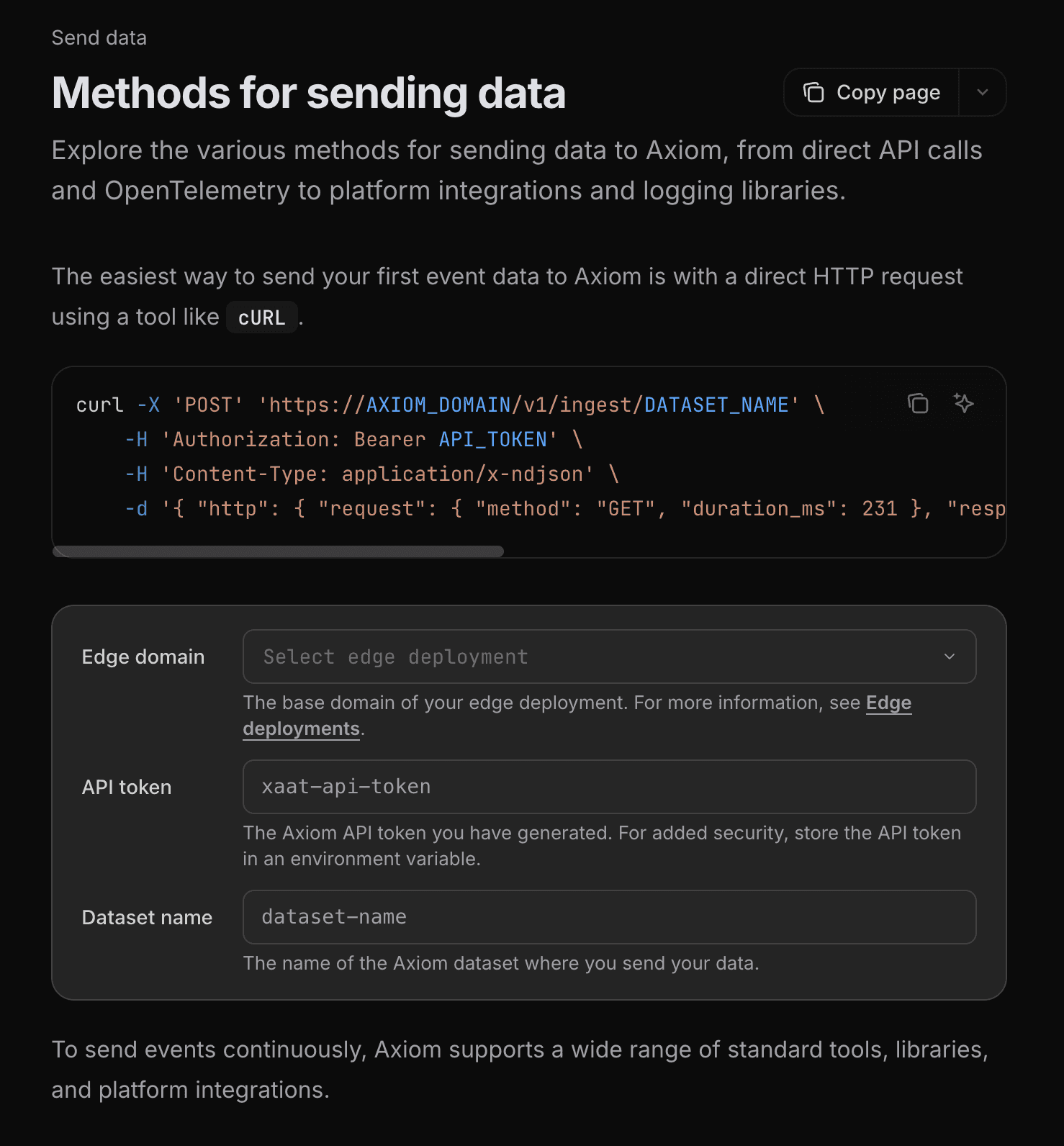 Human view: the configurator with input fields below a code block, filled values highlighted in blue, and a copy button that captures the substituted text