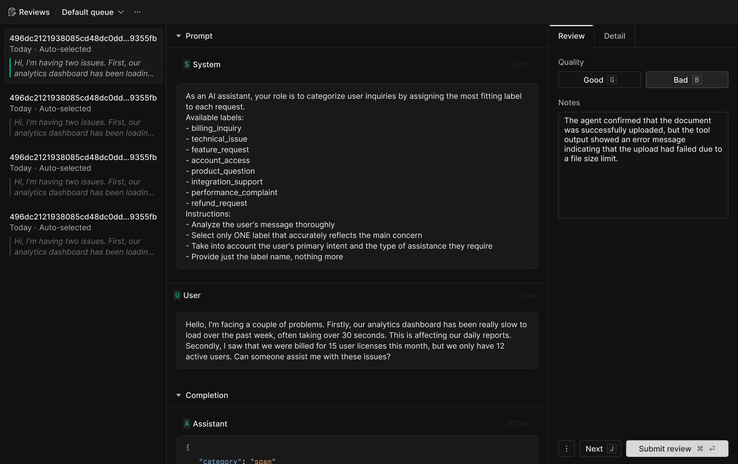 The review workflow showing a queue of traces, the conversation viewer, and the review panel