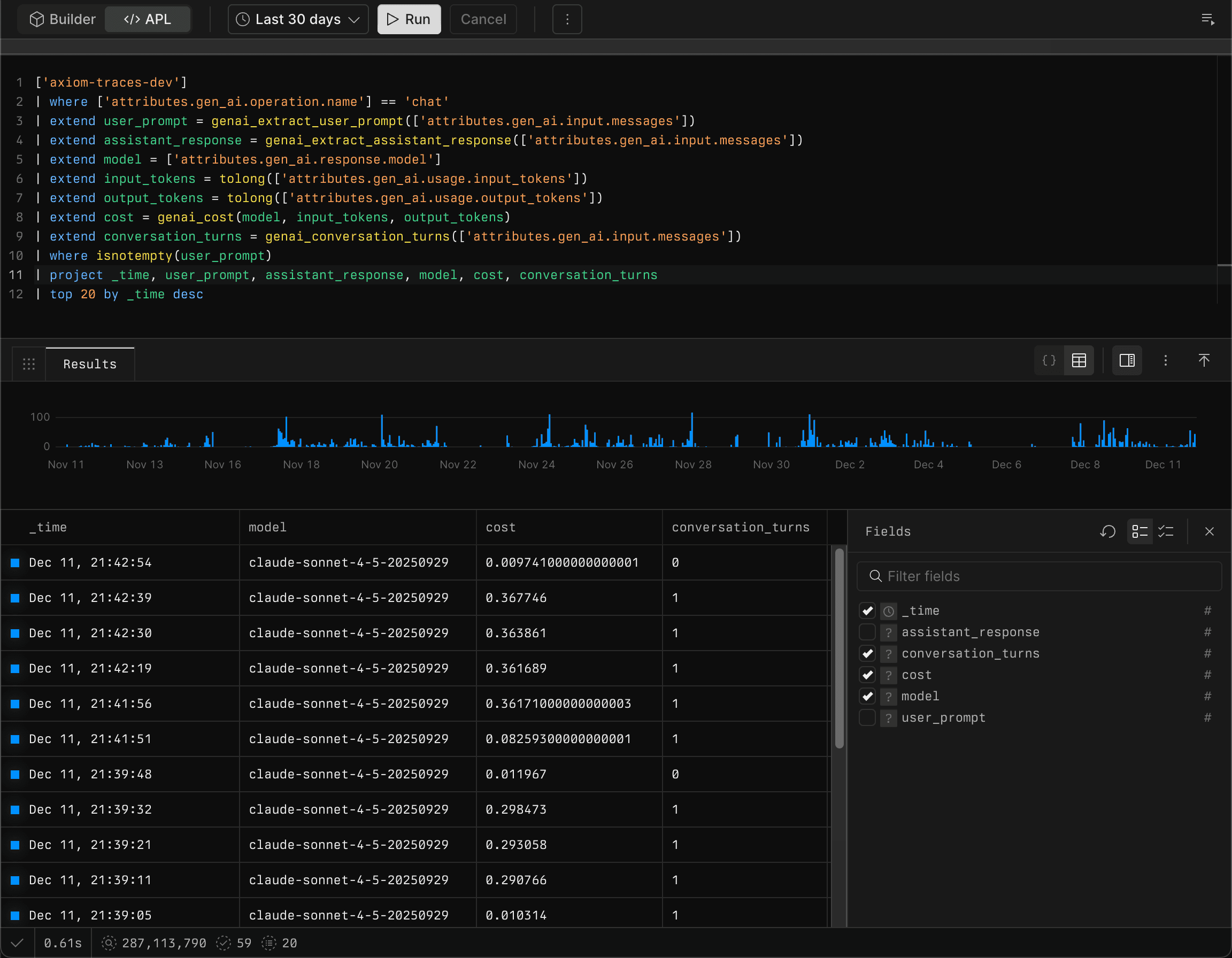 An example showing GenAI conversation analysis with extracted user prompts and cost calculations