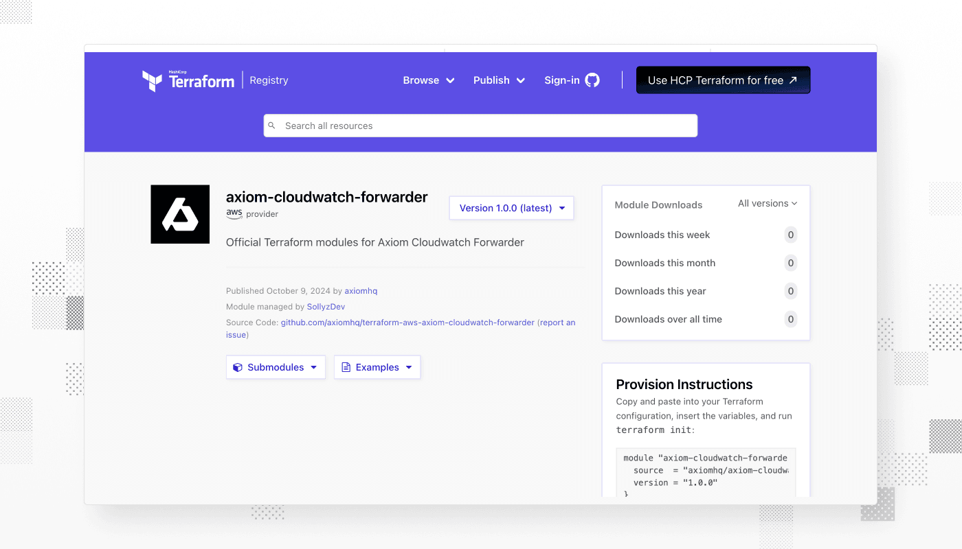 Install Axiom CloudWatch Forwarder with Terraform modules