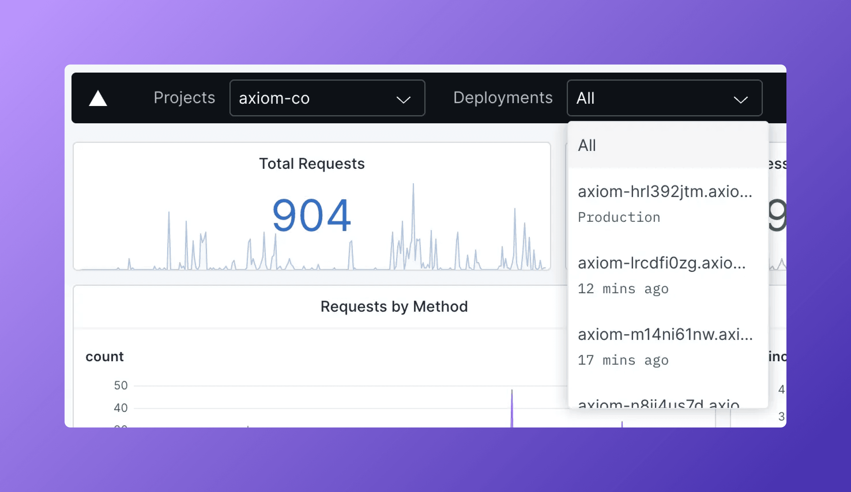 A screenshot showing the project and deployment selector with the latter expanded showing production and several preview deployments