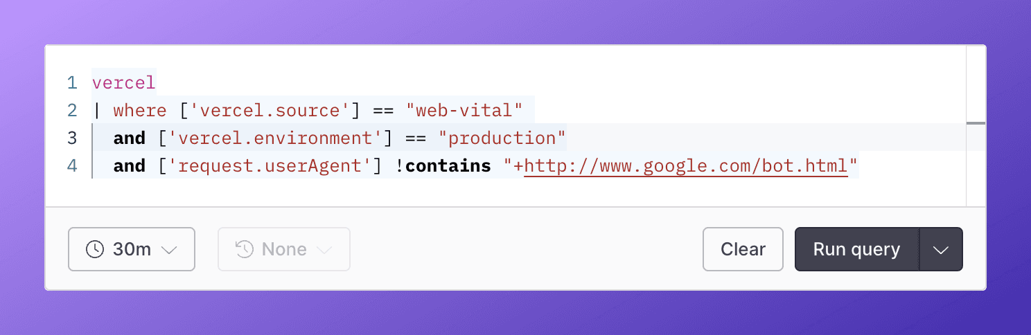 A screenshot showing an APL query that filters out bots and only shows web vitals from production