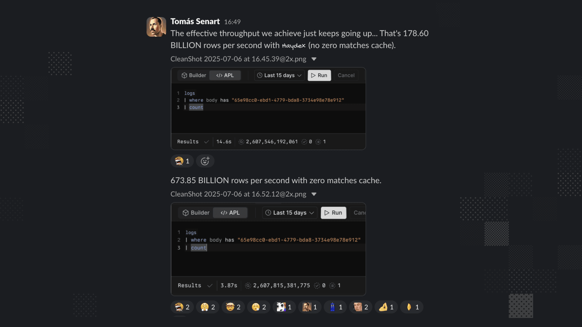 Slack screenshot showing 178.6B rows/sec (no zero‑matches cache) and 673.85B rows/sec (with cache)