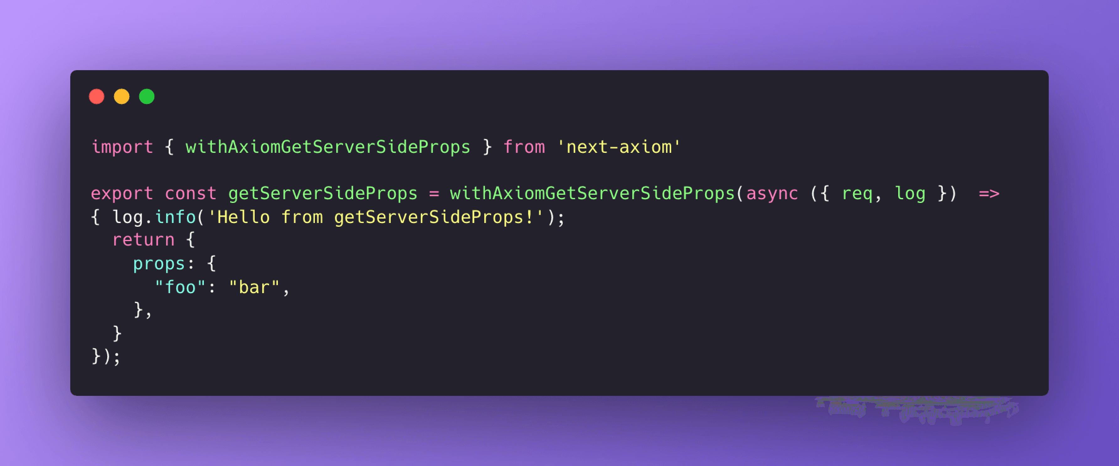 A screenshot of TypeScript code for using withAxiom in getServerSideProps