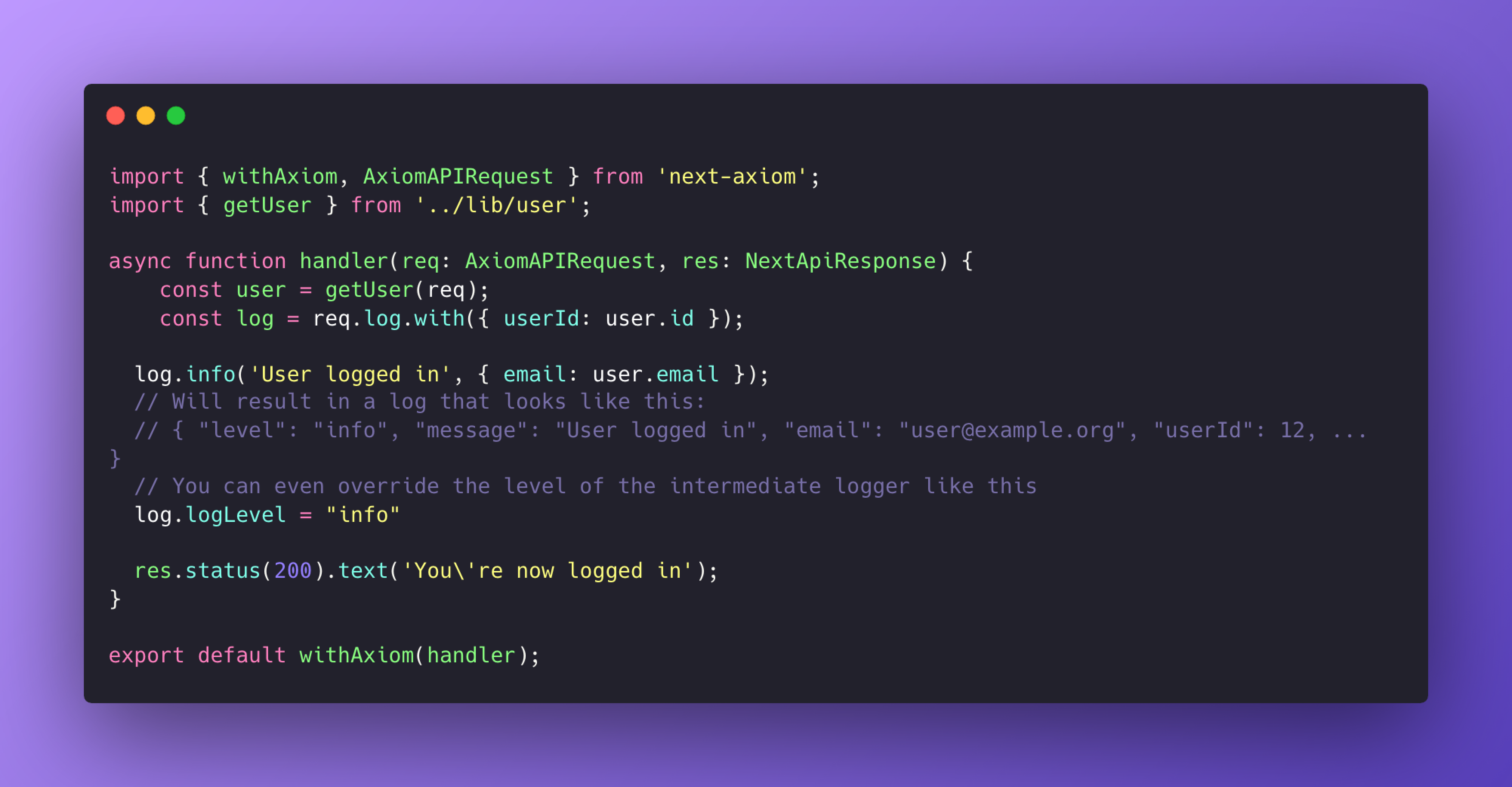 A screenshot of TypeScript code creating an intermediate logger