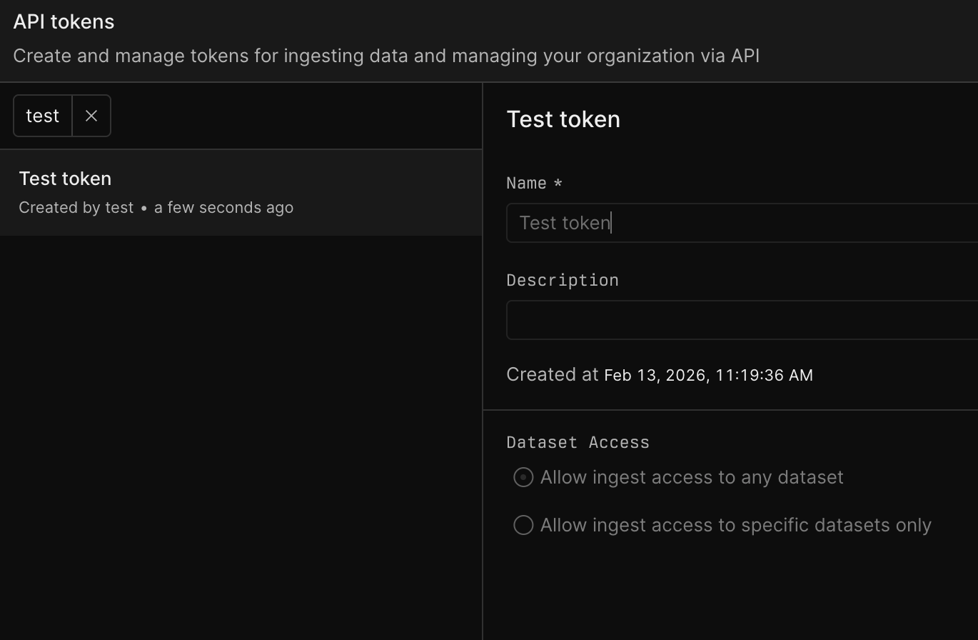 API tokens page with user filter