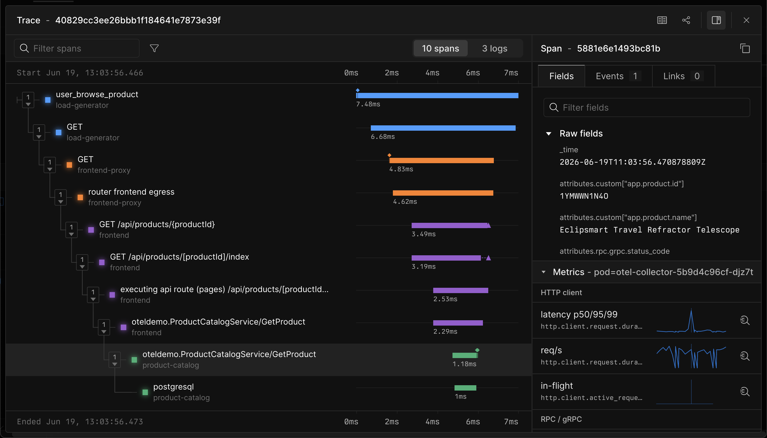 Trace details with correlated logs and metrics